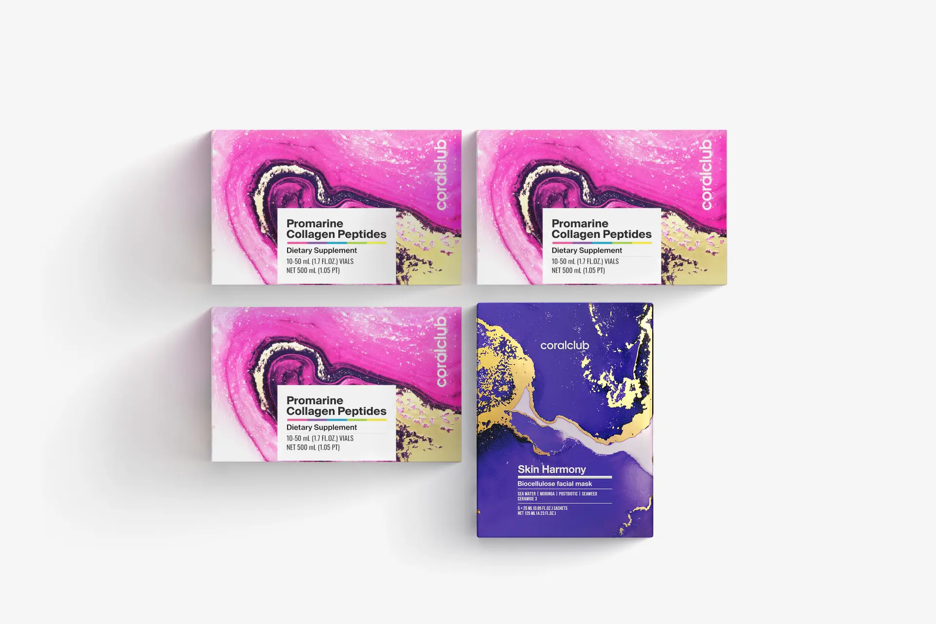 Promarine Collagen Peptides Set (1-Monats-Kur) & Skin Harmony Biozellulose-Gesichtsmasken (5 Sachets)